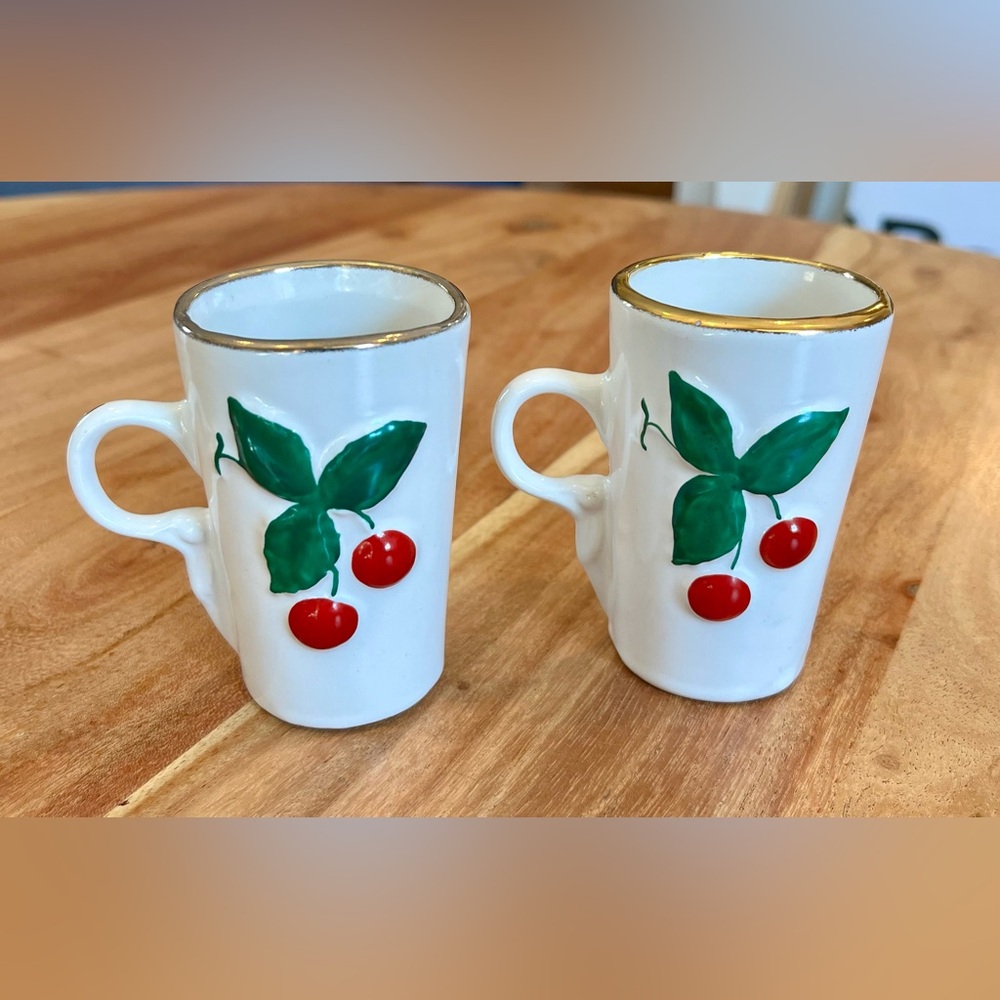 Vintage MCM Cherry Motif White Espresso Mugs with Gold Rim
